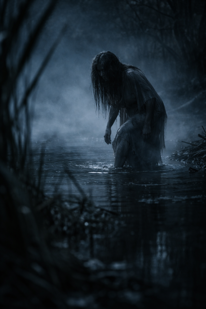 Mamuna słowiański demon bagien i połogu w mrocznej leśnej scenerii nad wodą, tajemnicza kobieca postać z legend ludowych