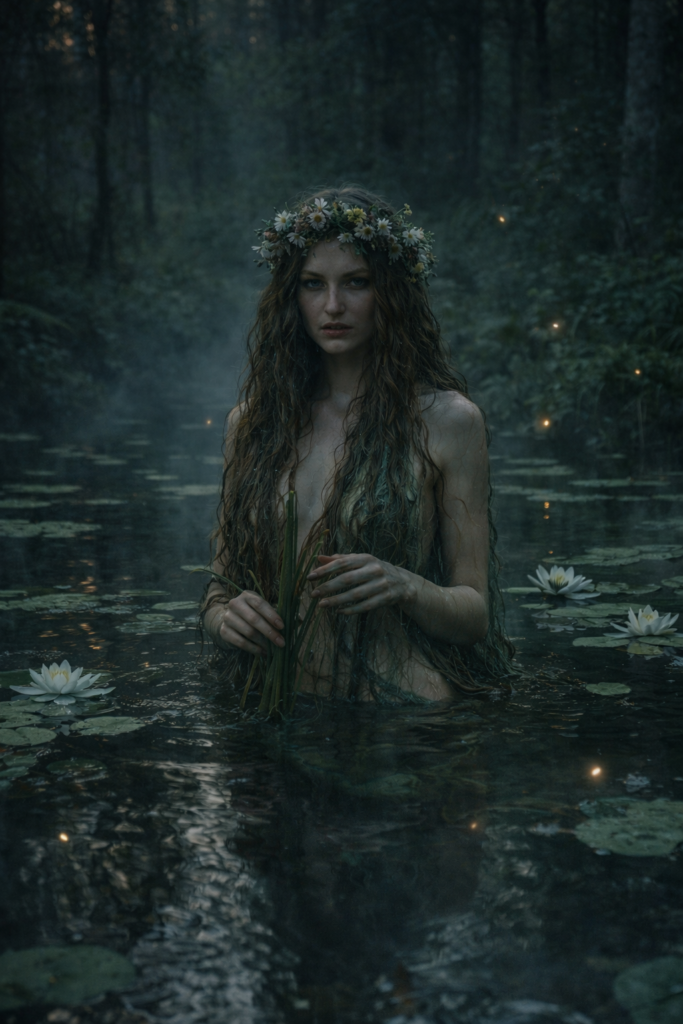 Rusałka słowiański duch wody w realistycznej leśnej scenerii nad rzeką, eteryczna postać związana z naturą i legendami