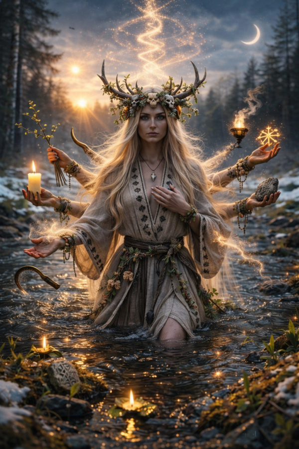Marzanna słowiańska bogini zimy i śmierci jako tajemnicza kobieca postać w chłodnej zimowej scenerii natury cinematic realistyczne ujęcie