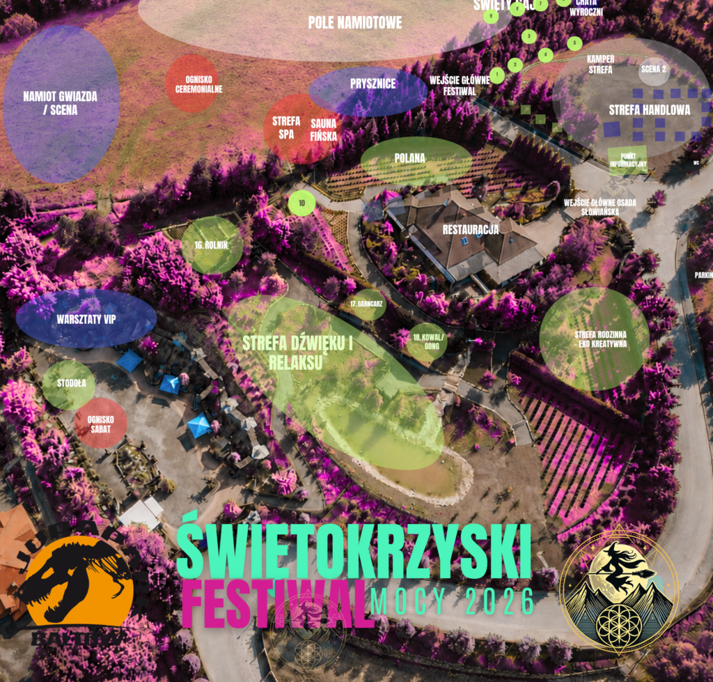 Mapa Świętokrzyskiego Festiwalu Mocy 2026 w JuraParku Bałtów z oznaczeniem scen, stref, pola namiotowego i atrakcji.